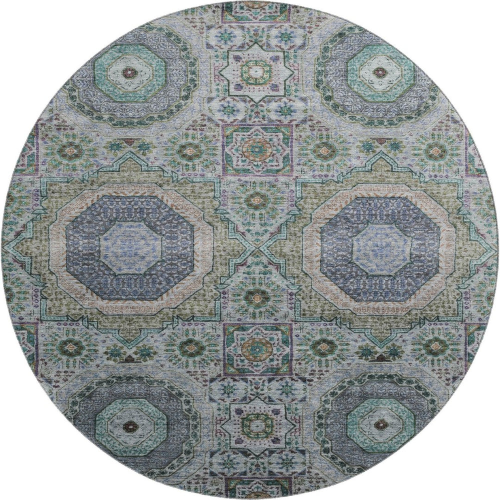 HomeRoots 8' X 10' Medallion Area Rug - Green, Blue & Gray, Washable, UV Protected, Ideal for Kids & Pets 708215