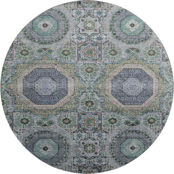 HomeRoots 8' X 10' Medallion Area Rug - Green, Blue & Gray, Washable, UV Protected, Ideal for Kids & Pets 708215