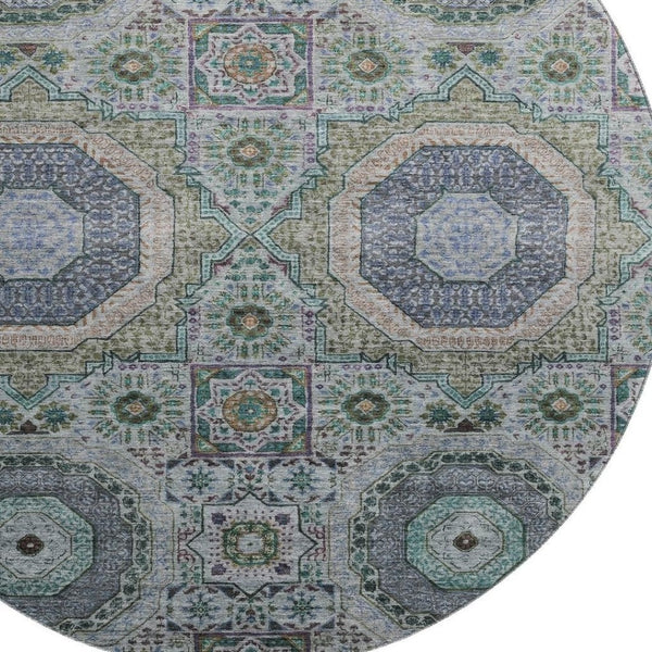 HomeRoots 8' X 10' Medallion Area Rug - Green, Blue & Gray, Washable, UV Protected, Ideal for Kids & Pets 708215