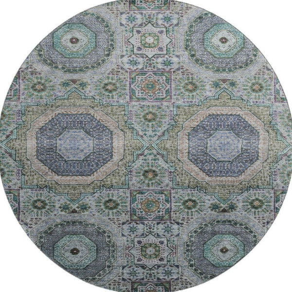 HomeRoots 8' X 10' Medallion Area Rug - Green, Blue & Gray, Washable, UV Protected, Ideal for Kids & Pets 708215