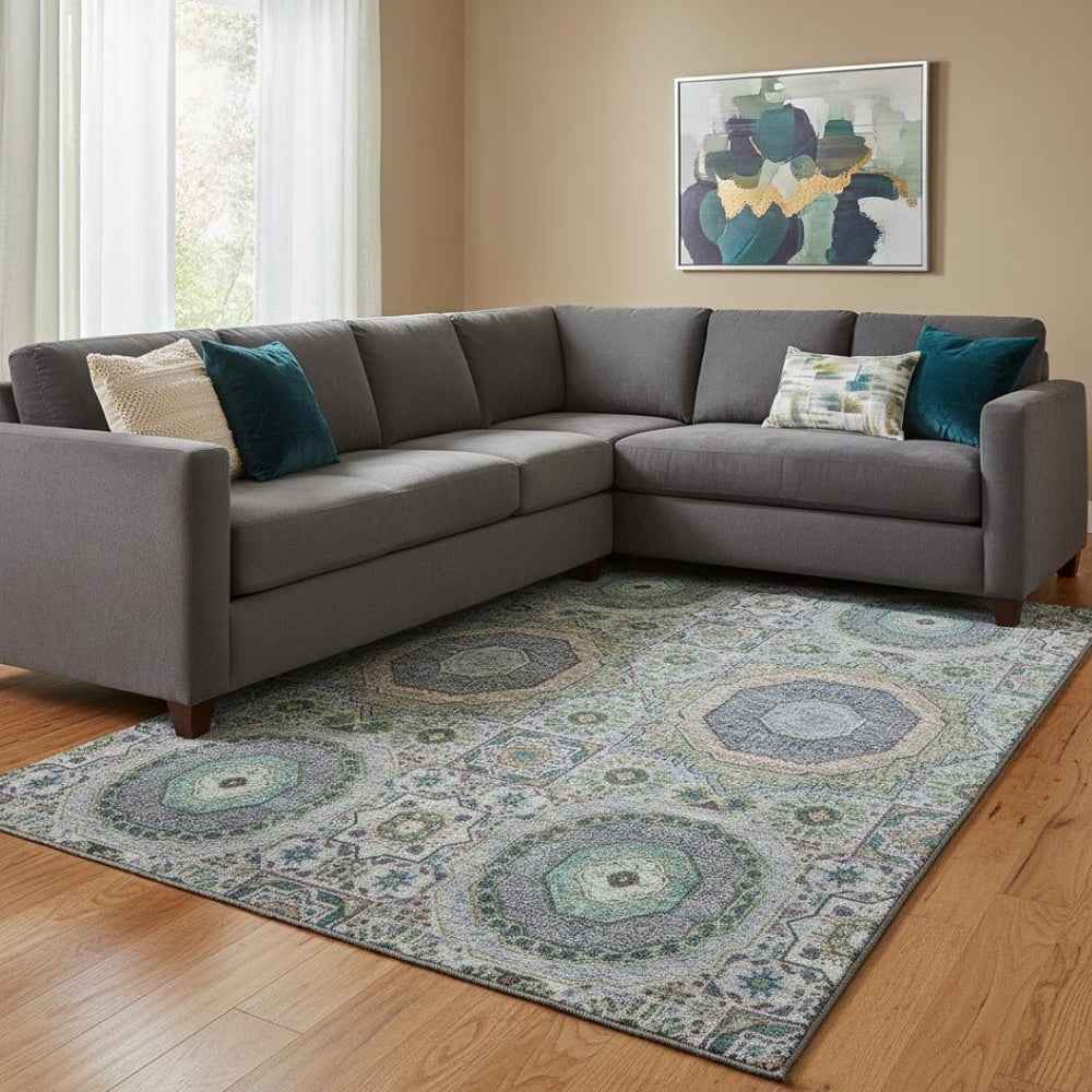 HomeRoots 9' X 12' Elegant Green Blue Gray Medallion Washable Area Rug with UV Protection & Non-Slip Design 708216