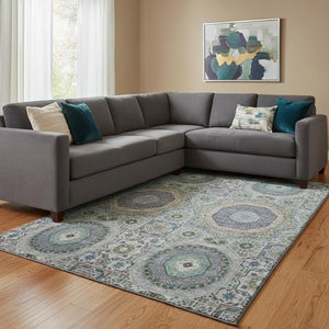 HomeRoots 9' X 12' Elegant Green Blue Gray Medallion Washable Area Rug with UV Protection & Non-Slip Design 708216