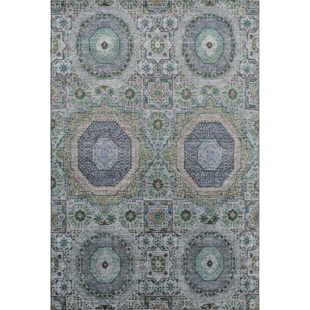 HomeRoots 9' X 12' Elegant Green Blue Gray Medallion Washable Area Rug with UV Protection & Non-Slip Design 708216