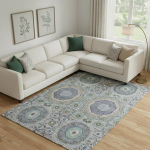HomeRoots 10' Green, Blue & Gray Medallion Area Rug - Washable, UV-Protected, Stain-Resistant for High-Traffic Spaces 708217