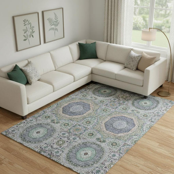 HomeRoots 10' Green, Blue & Gray Medallion Area Rug - Washable, UV-Protected, Stain-Resistant for High-Traffic Spaces 708217