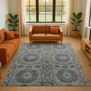 HomeRoots 10' Green, Blue & Gray Medallion Area Rug - Washable, UV-Protected, Stain-Resistant for High-Traffic Spaces 708217