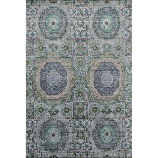 HomeRoots 10' Green, Blue & Gray Medallion Area Rug - Washable, UV-Protected, Stain-Resistant for High-Traffic Spaces 708217