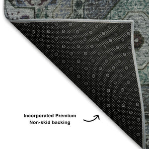 HomeRoots 10' Green, Blue & Gray Medallion Area Rug - Washable, UV-Protected, Stain-Resistant for High-Traffic Spaces 708217