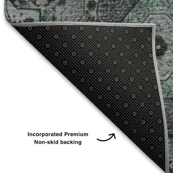 HomeRoots 10' Green, Blue & Gray Medallion Area Rug - Washable, UV-Protected, Stain-Resistant for High-Traffic Spaces 708217