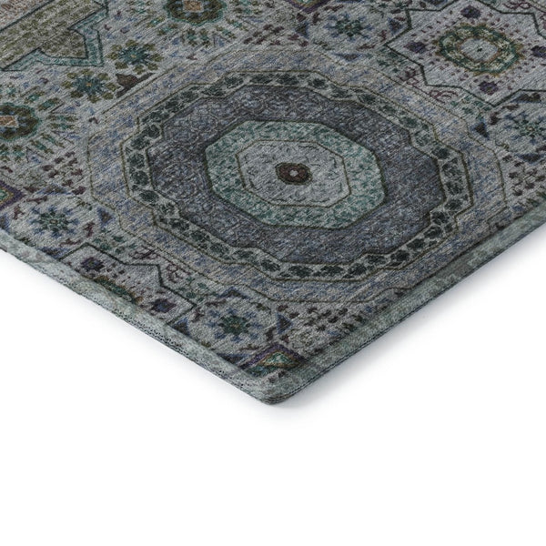 HomeRoots 10' Green, Blue & Gray Medallion Area Rug - Washable, UV-Protected, Stain-Resistant for High-Traffic Spaces 708217