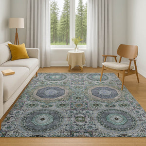 HomeRoots 10' Green, Blue & Gray Medallion Area Rug - Washable, UV-Protected, Stain-Resistant for High-Traffic Spaces 708217