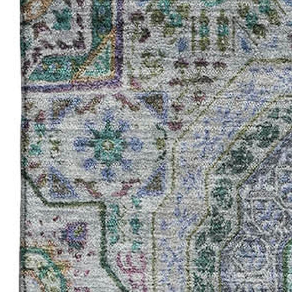 HomeRoots 10' Green, Blue & Gray Medallion Area Rug - Washable, UV-Protected, Stain-Resistant for High-Traffic Spaces 708217