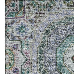 HomeRoots 10' Green, Blue & Gray Medallion Area Rug - Washable, UV-Protected, Stain-Resistant for High-Traffic Spaces 708217