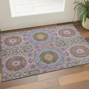 HomeRoots 5' X 8' Pink Teal Taupe Medallion Area Rug - Washable, UV Protected, Non-Slip for Busy Homes 708219
