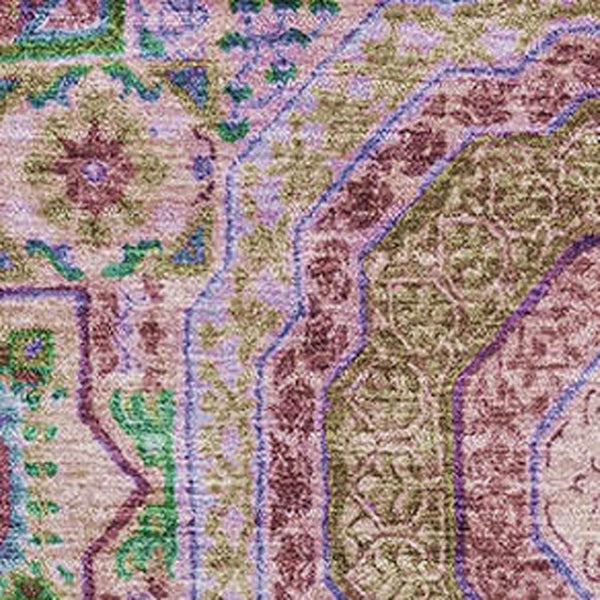 HomeRoots 5' X 8' Pink Teal Taupe Medallion Area Rug - Washable, UV Protected, Non-Slip for Busy Homes 708219