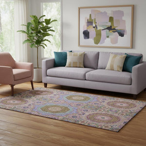 HomeRoots 8' Washable Medallion Round Rug in Pink, Teal & Taupe - Durable, Stain Resistant, UV Protected Beauty 708220