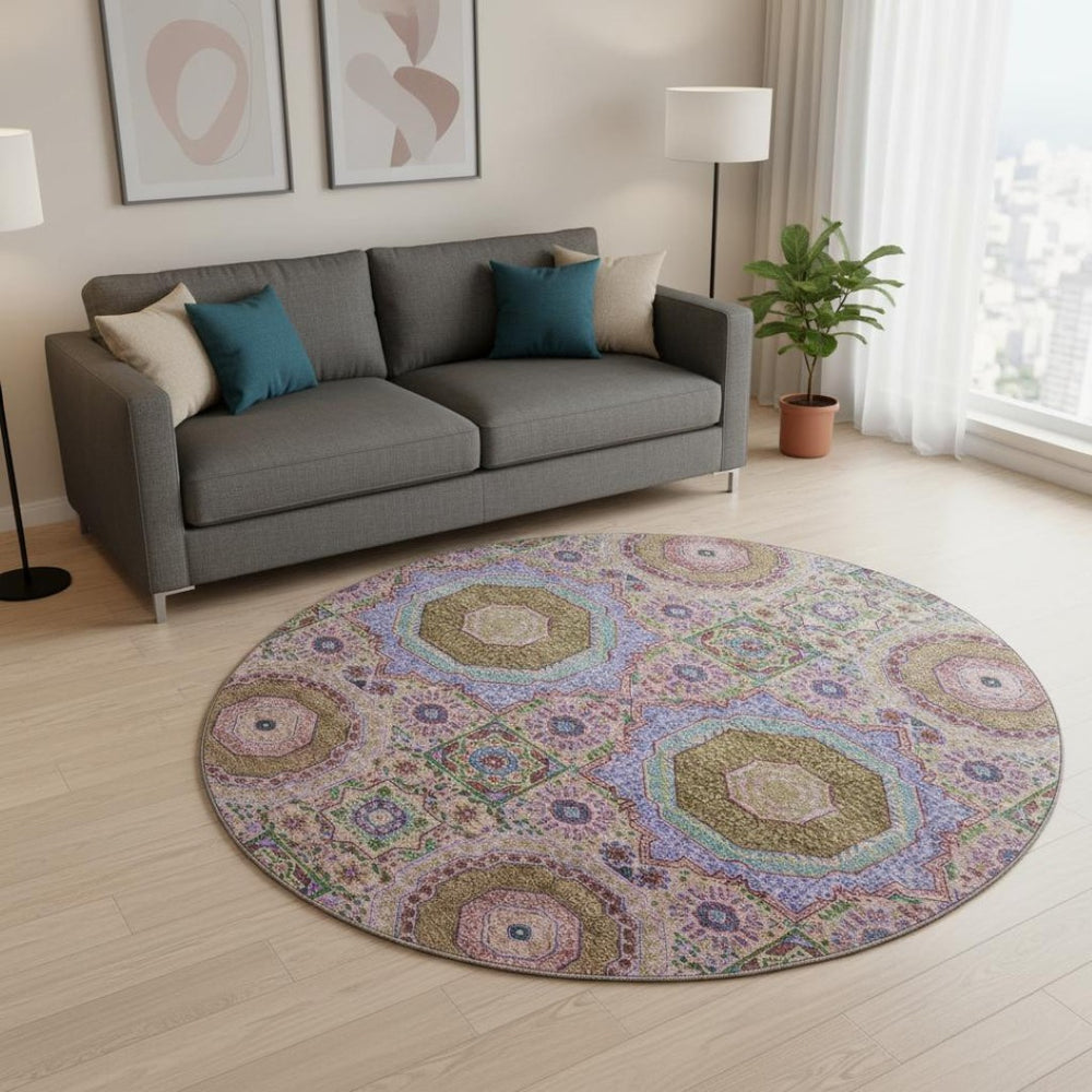 HomeRoots 8' X 10' Pink Teal Taupe Medallion Washable Area Rug - UV Protected, Durable, Easy-Care Design! 708221
