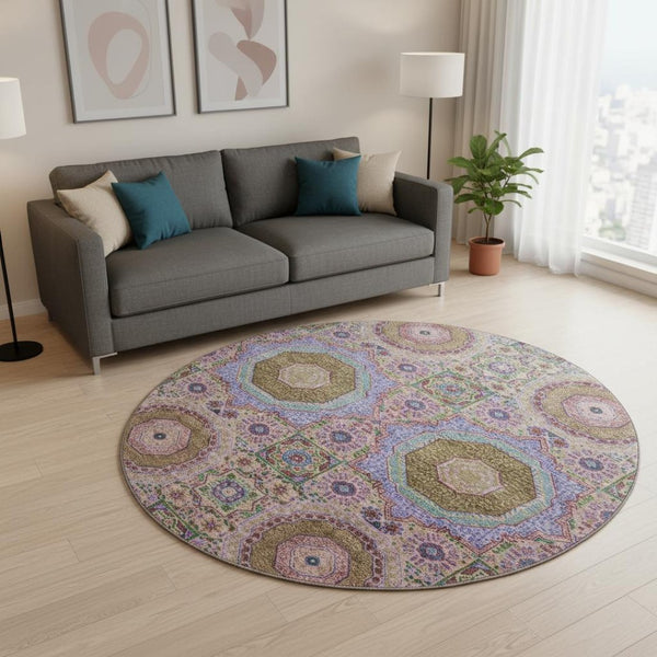 HomeRoots 8' X 10' Pink Teal Taupe Medallion Washable Area Rug - UV Protected, Durable, Easy-Care Design! 708221