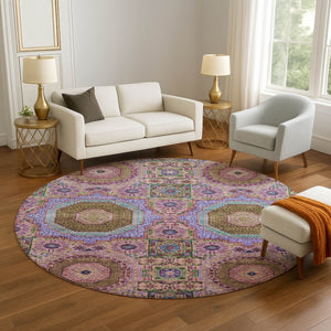 HomeRoots 8' X 10' Pink Teal Taupe Medallion Washable Area Rug - UV Protected, Durable, Easy-Care Design! 708221