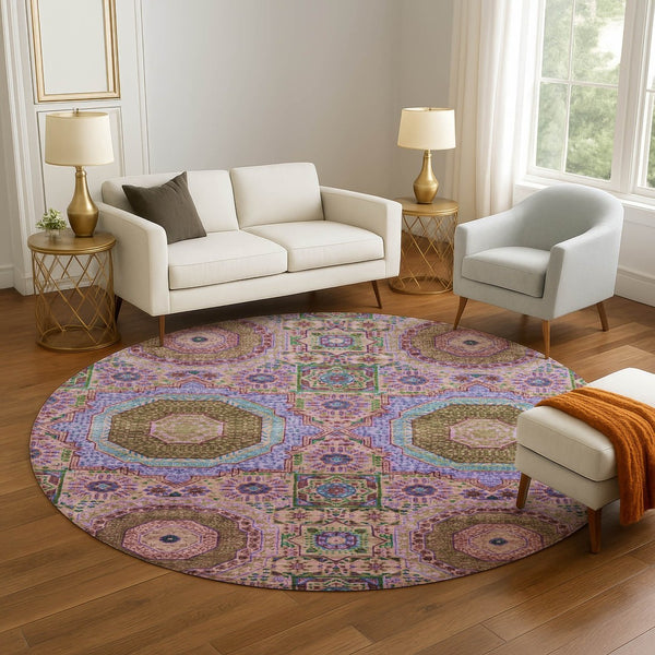HomeRoots 8' X 10' Pink Teal Taupe Medallion Washable Area Rug - UV Protected, Durable, Easy-Care Design! 708221