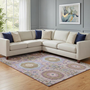 HomeRoots 9' X 12' Stylish Pink, Teal & Taupe Medallion Washable Area Rug with UV Protection for High-Traffic Spaces 708222