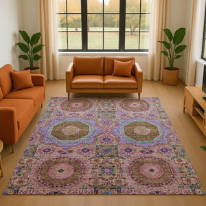 HomeRoots 10' Pink Teal Taupe Medallion Washable Area Rug | Durable, Stain-Resistant with UV Protection 708223
