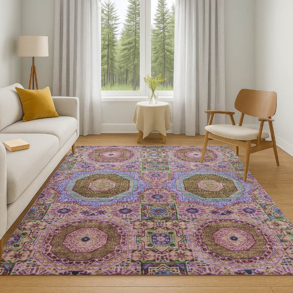 HomeRoots 10' Pink Teal Taupe Medallion Washable Area Rug | Durable, Stain-Resistant with UV Protection 708223
