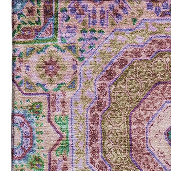 HomeRoots 10' Pink Teal Taupe Medallion Washable Area Rug | Durable, Stain-Resistant with UV Protection 708223