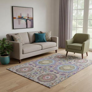 HomeRoots 8' Vibrant Purple, Teal & Red Medallion Washable Round Rug with UV Protection for High-Traffic Areas 708226