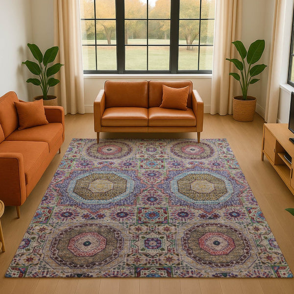 HomeRoots 10' X 14' Washable Medallion Area Rug in Purple, Teal & Red - UV Protected, Stain Resistant, Durable Design 708229