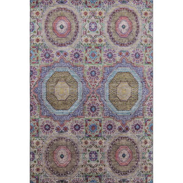 HomeRoots 10' X 14' Washable Medallion Area Rug in Purple, Teal & Red - UV Protected, Stain Resistant, Durable Design 708229