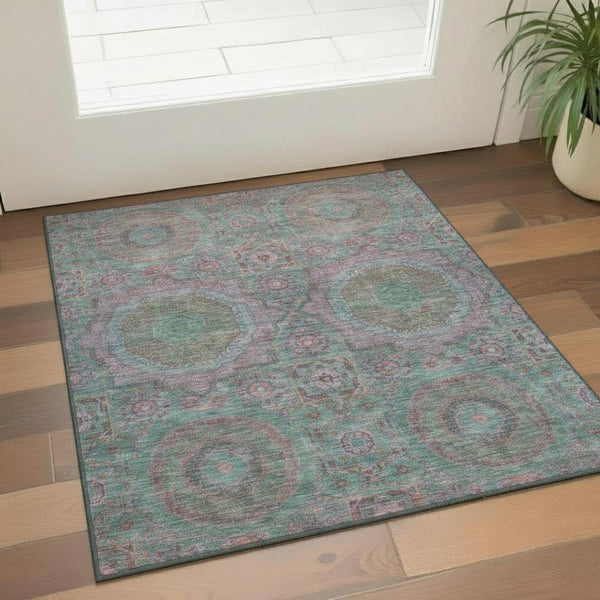 HomeRoots 5' X 8' Teal & Blush Medallion Area Rug – Washable, UV-Protected, Perfect for Busy Homes & Kids! 708231