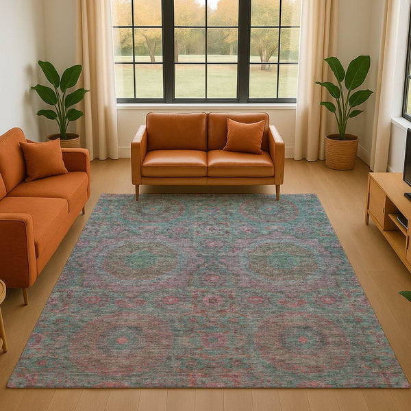 HomeRoots 5' X 8' Teal & Blush Medallion Area Rug – Washable, UV-Protected, Perfect for Busy Homes & Kids! 708231