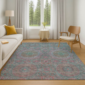 HomeRoots 5' X 8' Teal & Blush Medallion Area Rug – Washable, UV-Protected, Perfect for Busy Homes & Kids! 708231