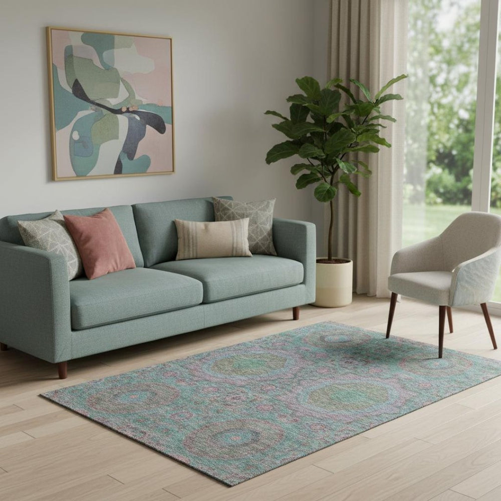 HomeRoots 8' Teal and Blush Medallion Washable Round Rug – Stylish, Durable, Stain-Resistant, UV Protected Design 708232