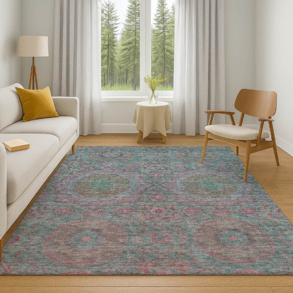 HomeRoots 8' Teal and Blush Medallion Washable Round Rug – Stylish, Durable, Stain-Resistant, UV Protected Design 708232