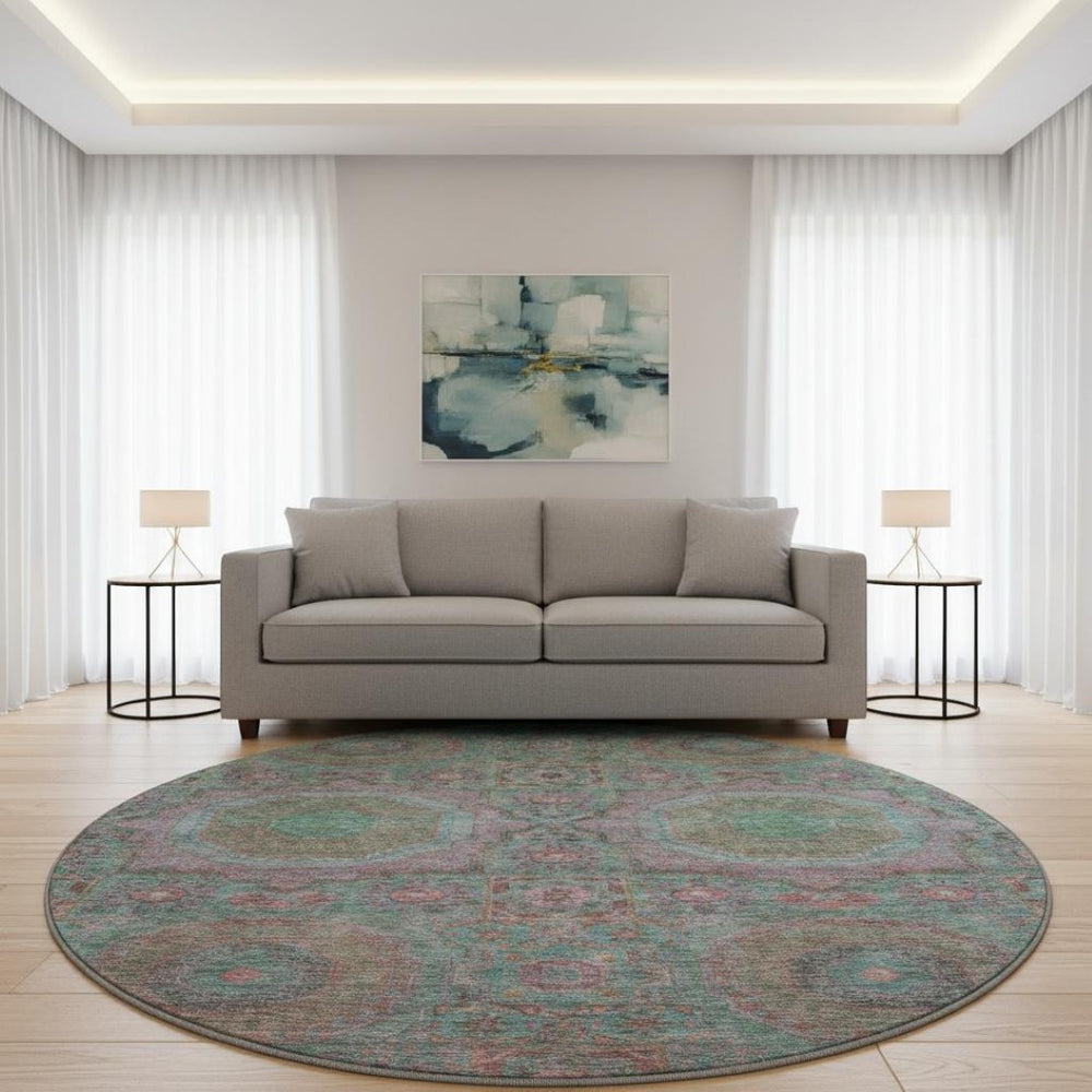 HomeRoots 8' X 10' Teal and Blush Medallion Area Rug - Washable, Stain-Resistant & UV Protected for Kids & Pets 708233