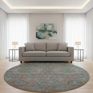 HomeRoots 8' X 10' Teal and Blush Medallion Area Rug - Washable, Stain-Resistant & UV Protected for Kids & Pets 708233