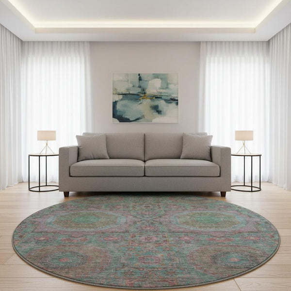 HomeRoots 8' X 10' Teal and Blush Medallion Area Rug - Washable, Stain-Resistant & UV Protected for Kids & Pets 708233