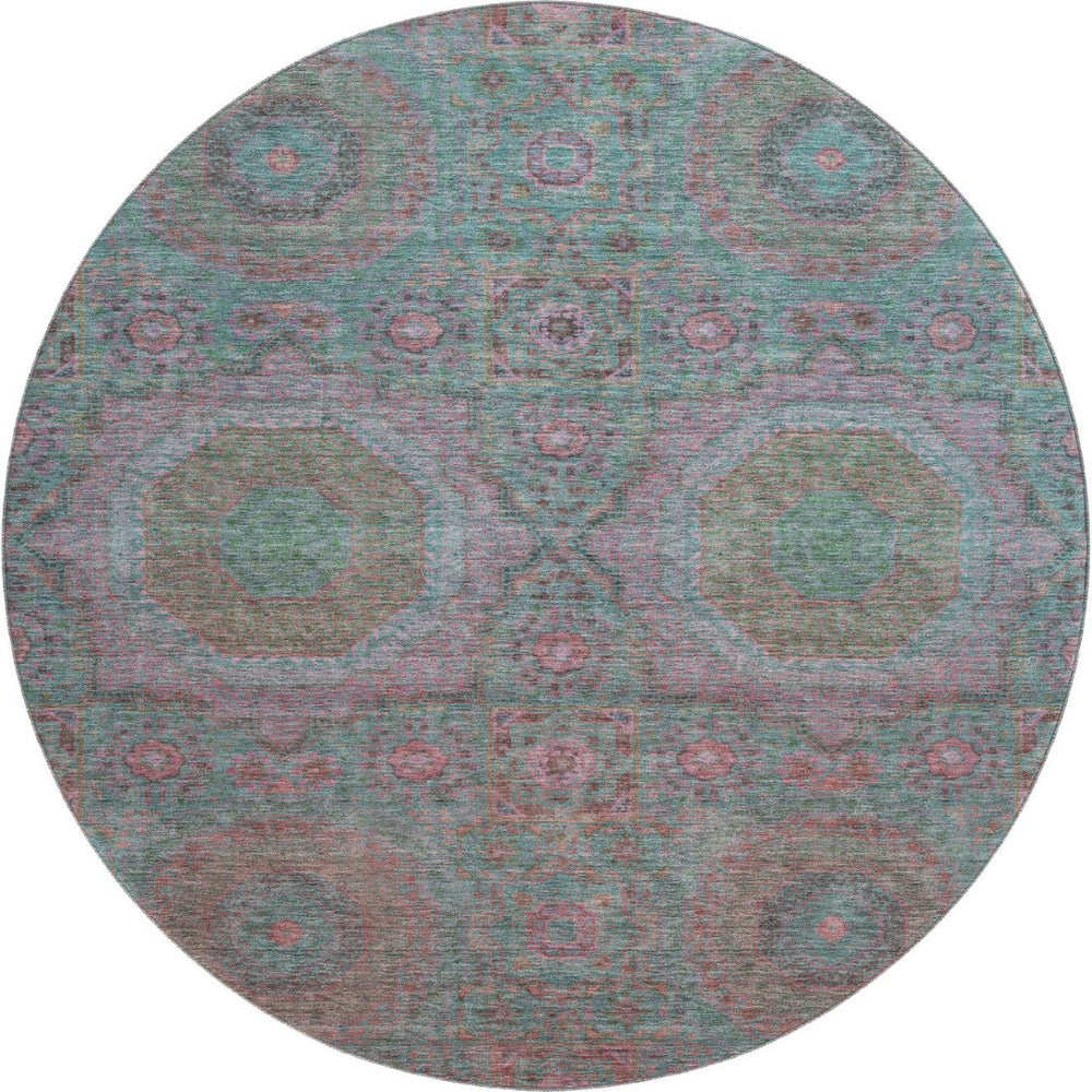 HomeRoots 8' X 10' Teal and Blush Medallion Area Rug - Washable, Stain-Resistant & UV Protected for Kids & Pets 708233