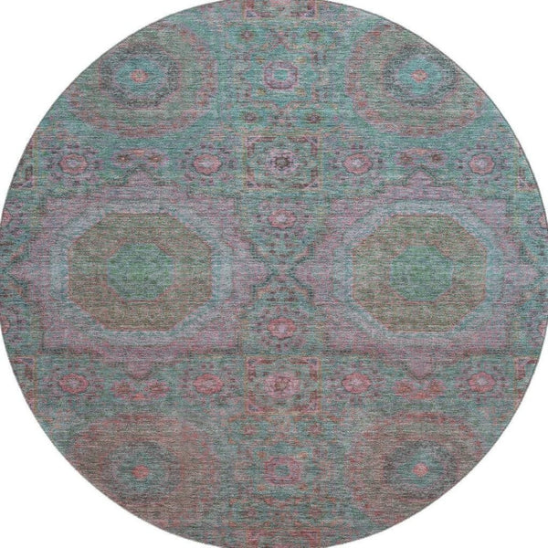 HomeRoots 8' X 10' Teal and Blush Medallion Area Rug - Washable, Stain-Resistant & UV Protected for Kids & Pets 708233