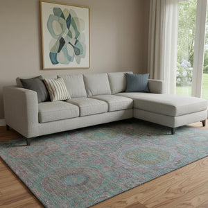 HomeRoots 9' X 12' Teal And Blush Medallion Area Rug - Washable, UV Protected, Durable & Stylish for Any Space 708234
