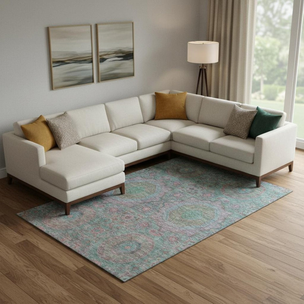 HomeRoots 10' X 14' Teal & Blush Medallion Area Rug - Washable, UV Protected, Stain Resistant for Busy Homes 708235
