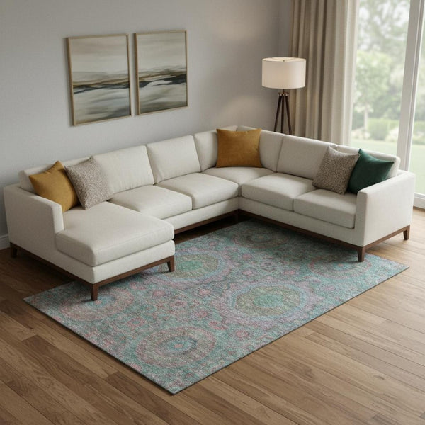 HomeRoots 10' X 14' Teal & Blush Medallion Area Rug - Washable, UV Protected, Stain Resistant for Busy Homes 708235