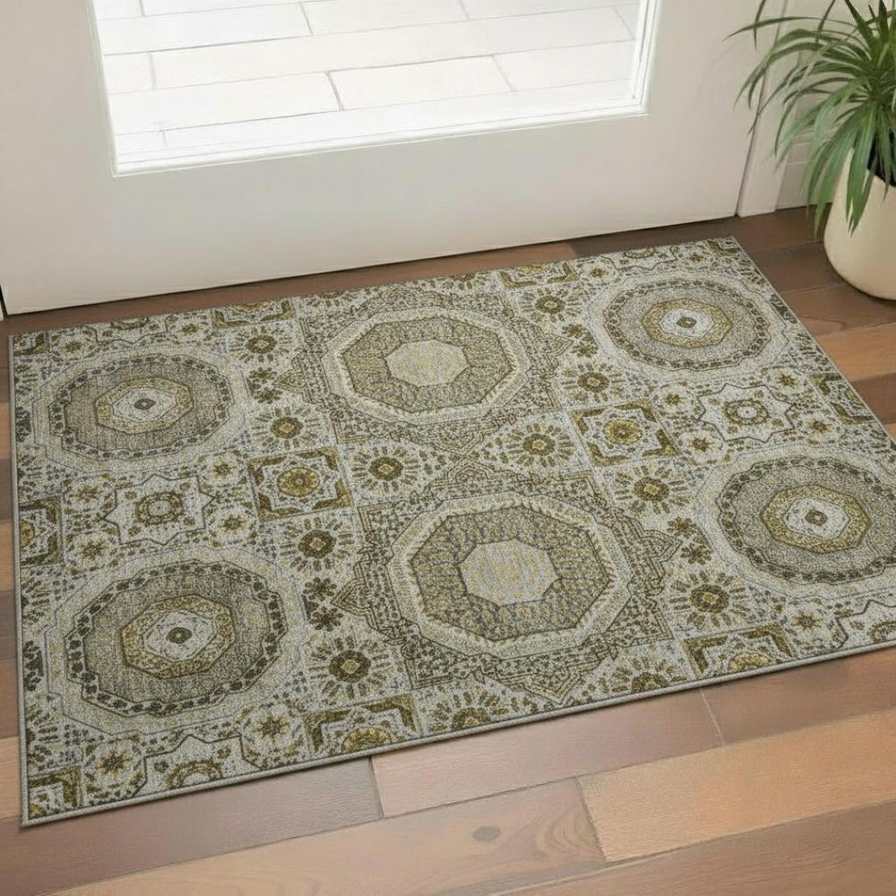 HomeRoots 5' X 8' Medallion Area Rug in Taupe, Ivory & Gold - Washable, UV-Protected, Kid & Pet Friendly! 708237