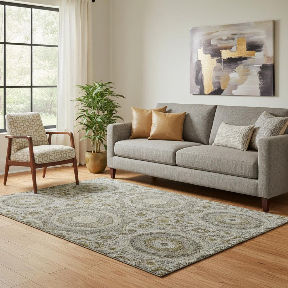 HomeRoots 8' Taupe Ivory Gold Medallion Round Rug - Washable, Stain-Resistant, UV Protected for Any Space! 708238
