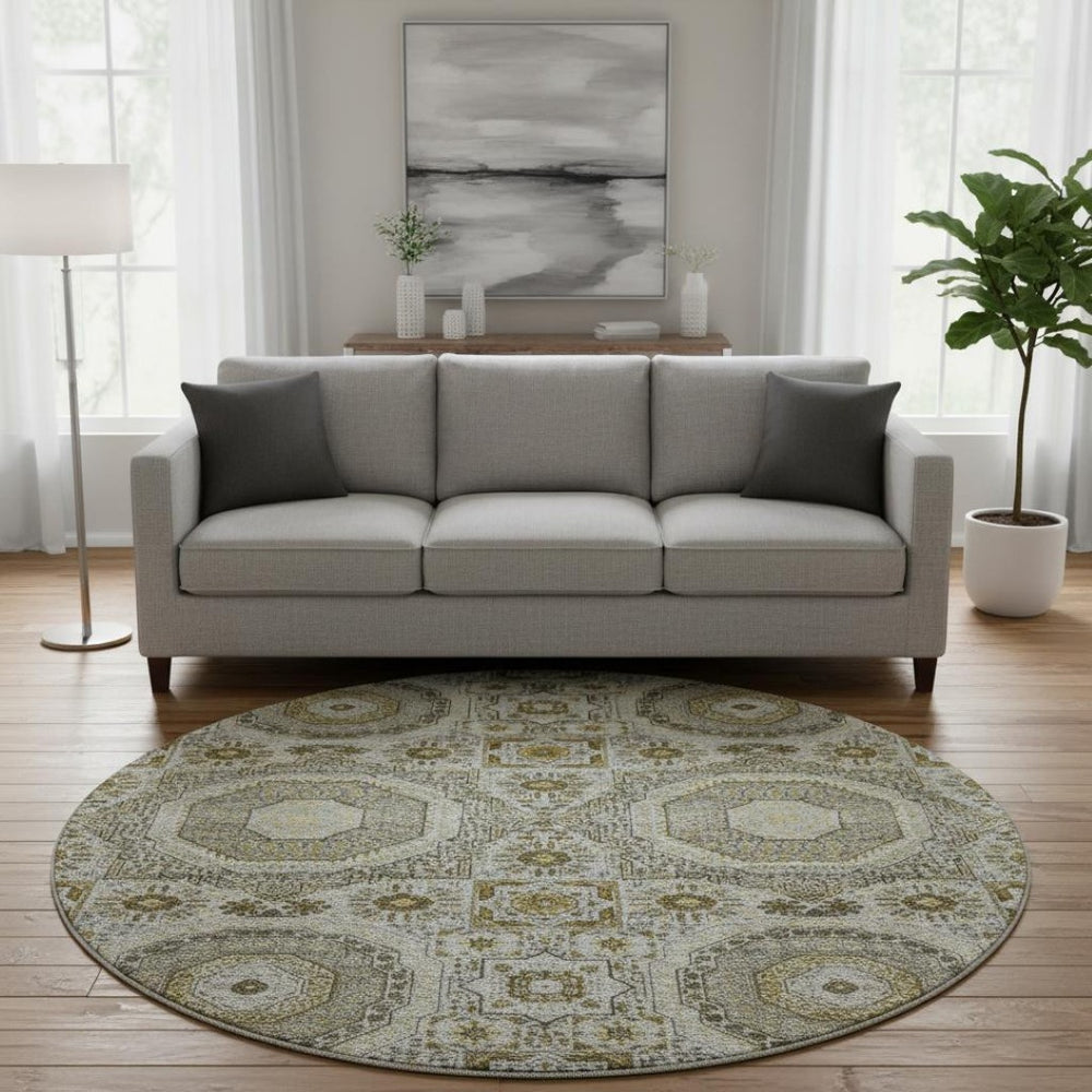 HomeRoots 8' X 10' Washable Taupe Ivory Gold Medallion Area Rug - Durable, UV Protected, Perfect for Homes! 708239