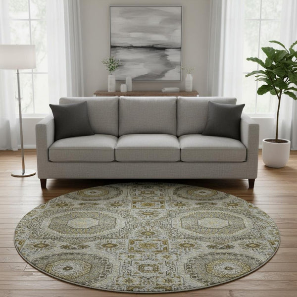 HomeRoots 8' X 10' Washable Taupe Ivory Gold Medallion Area Rug - Durable, UV Protected, Perfect for Homes! 708239