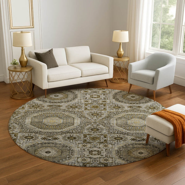 HomeRoots 8' X 10' Washable Taupe Ivory Gold Medallion Area Rug - Durable, UV Protected, Perfect for Homes! 708239