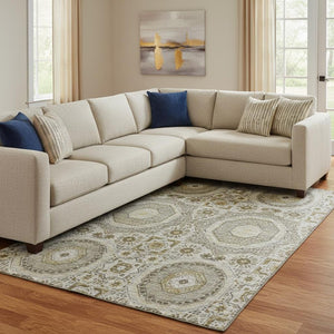 HomeRoots 9' X 12' Stylish Taupe Ivory Gold Medallion Area Rug - Washable, UV-Protected & Pet-Friendly! 708240
